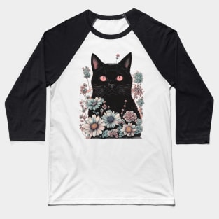 gothic Aesthetic Black Cat with flowers Baseball T-Shirt